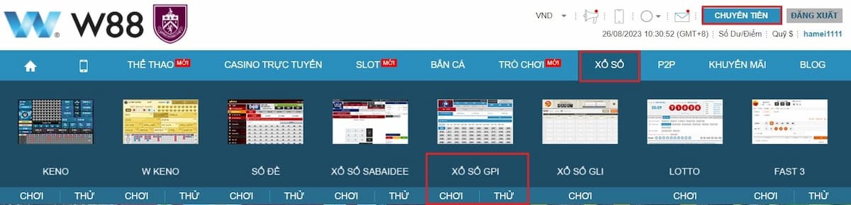 nạp vốn và lựa chọn sảnh chơi xổ số gpi w88