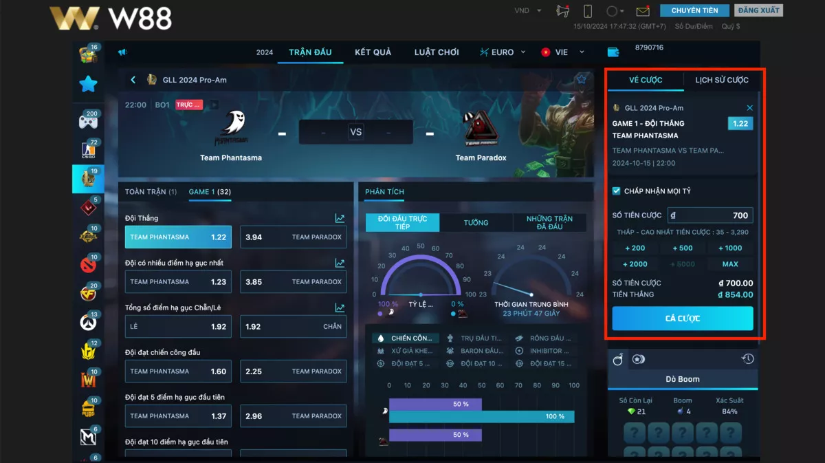 đặt cược và xác nhận vé cược esport w88