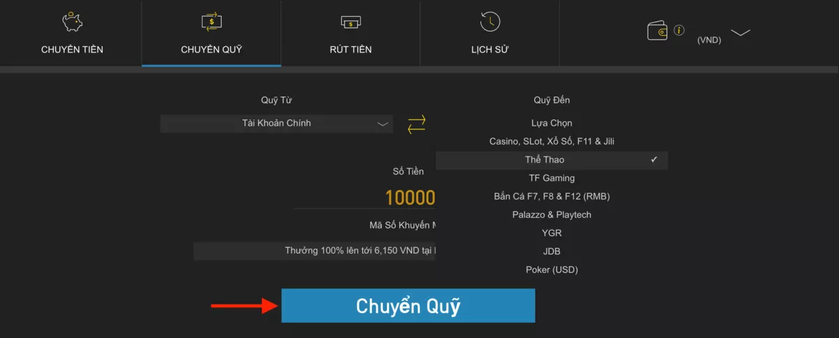 điền thông tin chuyển quỹ w88